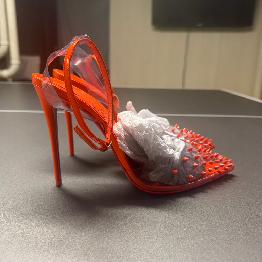 Christian Louboutin Spikoo PVC Fluo Neon Orange AnkleStrap‎ Sandal Pumps NWOT 39 - Picture 4 of 10